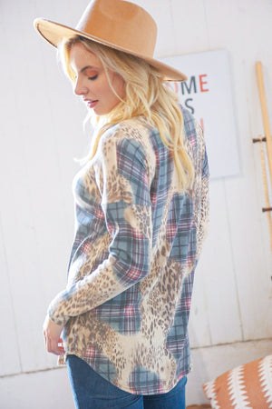 Oatmeal & Teal Rib Leopard and Plaid Patchwork Pullover VIAMOR 