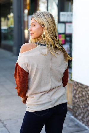 Oatmeal Textured Sweater Knit Cold Shoulder Top Haptics 