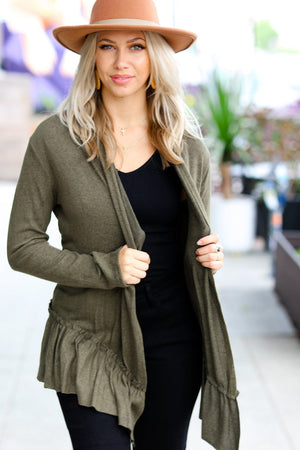 Olive Green Face the Day Two-Tone Ruffle Cardigan Red Lolly 