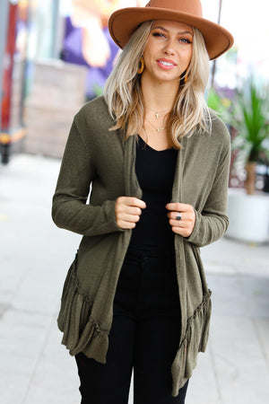 Olive Green Face the Day Two-Tone Ruffle Cardigan Red Lolly 