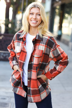 On My Way Up Rust Plaid Flannel Button Down Shacket Bloom 2023 Winter Sale 