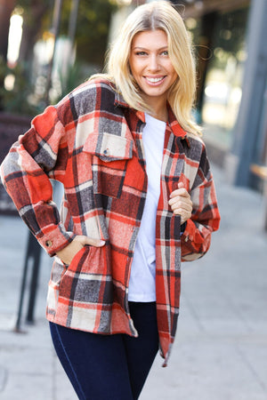 On My Way Up Rust Plaid Flannel Button Down Shacket Bloom 2023 Winter Sale 
