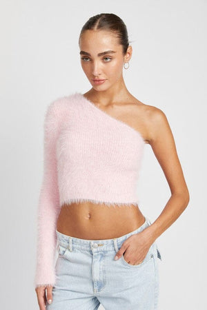 ONE SHOULDER FLUFFY SWEATER TOP Emory Park PINK S 