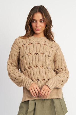 OPEN KNIT SWEATER WITH SLITS Emory Park TAUPE S 
