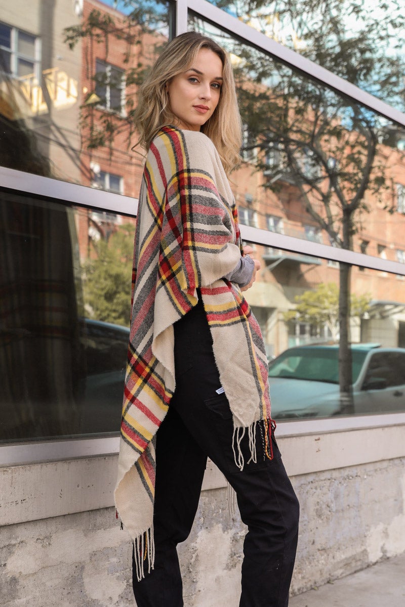 Open Sleeve Classic Plaid Ruana Red