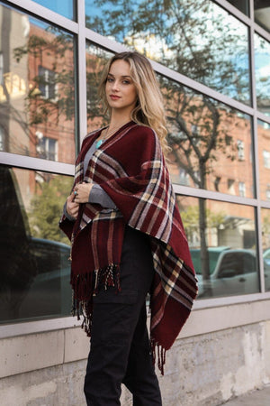 Open Sleeve Classic Plaid Ruana Ponchos Leto Collection Red 