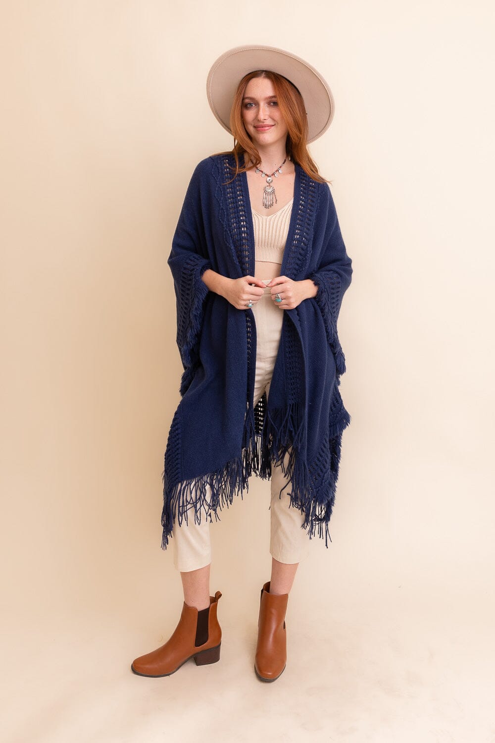 Open Work Frayed Bohemian Ruana Ponchos Leto Collection Navy 