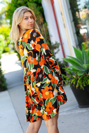 Orange & Olive Floral Long Sleeve Babydoll Dress Haptics 