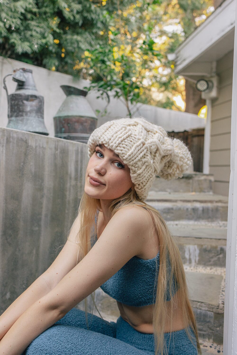 Oversized Chunky Knit Pom Beanie Beanies Leto Collection Ivory 