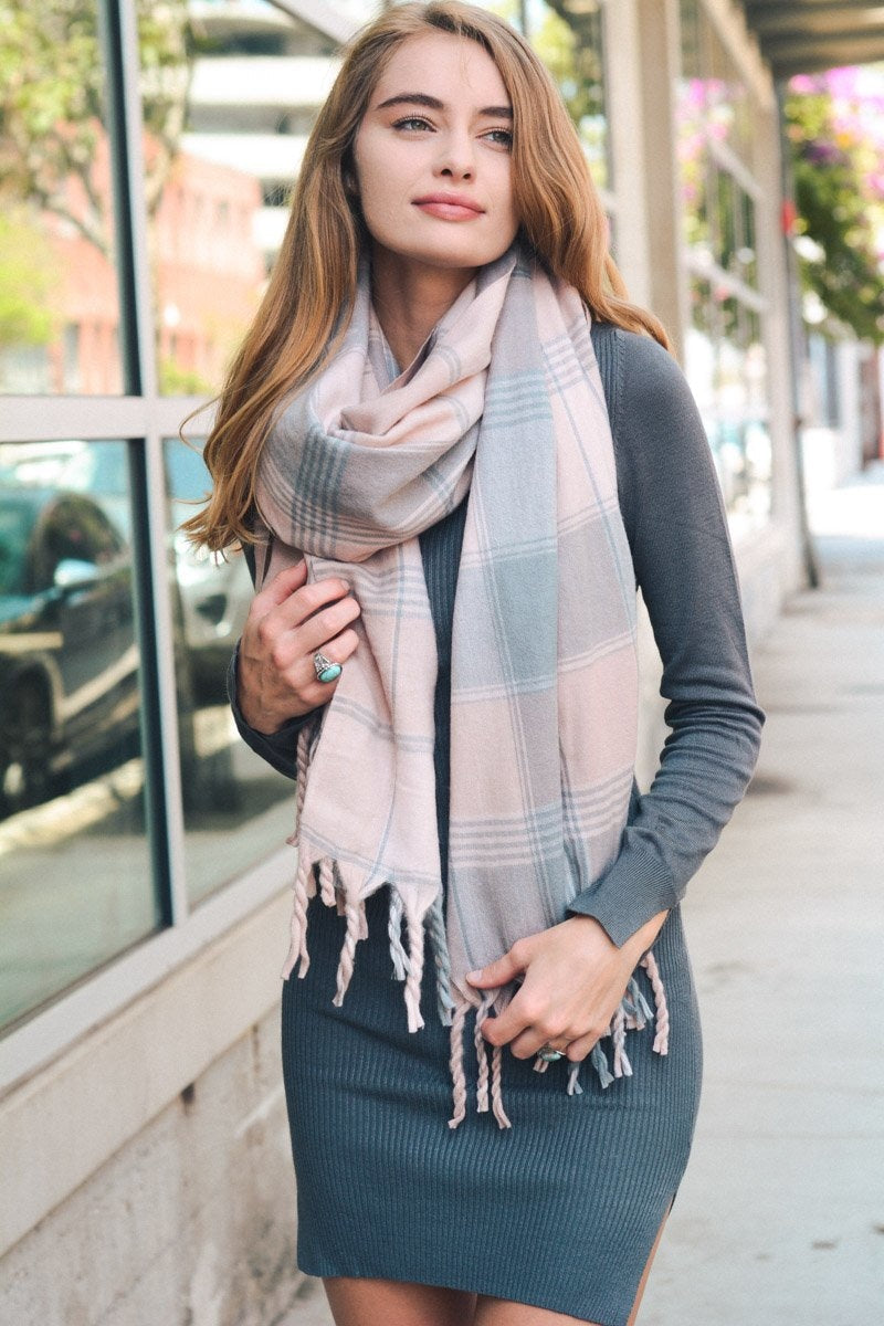 Oversized Flannel Tassel Scarf Scarves Pink