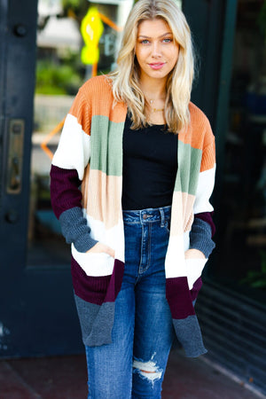 Perfectly You Plum & Olive Color Block Open Cardigan Bloom 2023 Winter Sale 