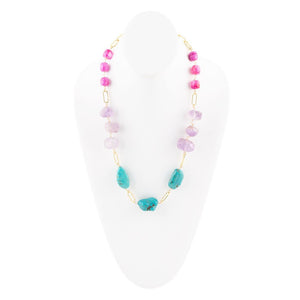 Purple Periwinkle Amethyst and Blue Turquoise Long Golden Necklace