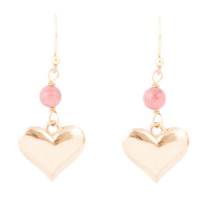 Pink Rhodonite and Golden Bronze Heart Charm Earrings