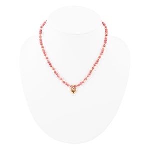 Pink Rhodonite and Golden Bronze Heart Pendant Necklace