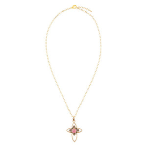 Pink Rhodonite Golden Cross Pendant Necklace