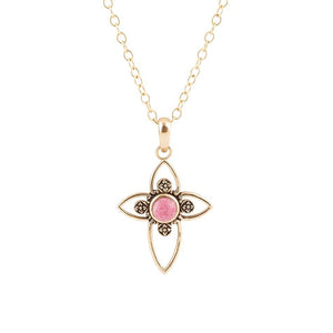 Pink Rhodonite Golden Cross Pendant Necklace