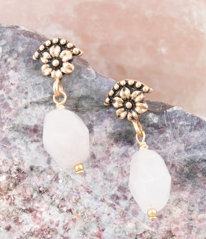 Pink Rose Quartz Golden Floral Drop Earrings