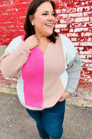 Pink & Taupe V Neck Color Block Sweater Top Haptics 