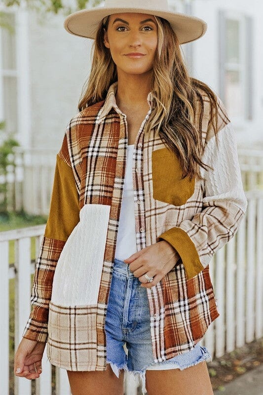 Plaid Color Block Patchwork Shirt Jacket Tops Thomas & Co Rust S 