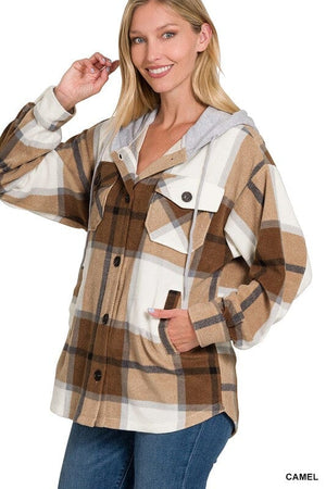 Plaid Drawstring Hooded Fleece Shacket ZENANA 