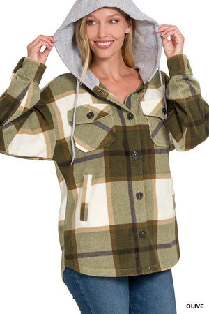 Plaid Drawstring Hooded Fleece Shacket ZENANA 