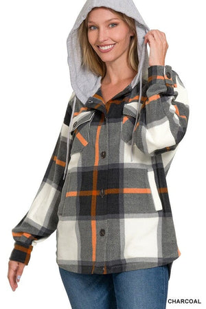 Plaid Drawstring Hooded Fleece Shacket ZENANA 