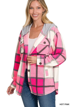 Plaid Drawstring Hooded Fleece Shacket ZENANA 