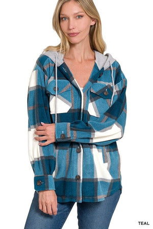 Plaid Drawstring Hooded Fleece Shacket ZENANA 