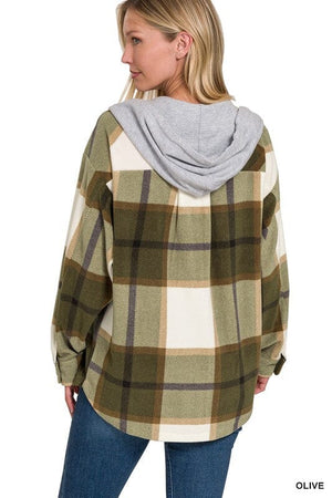 Plaid Drawstring Hooded Fleece Shacket ZENANA 