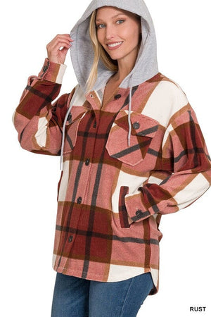 Plaid Drawstring Hooded Fleece Shacket ZENANA 