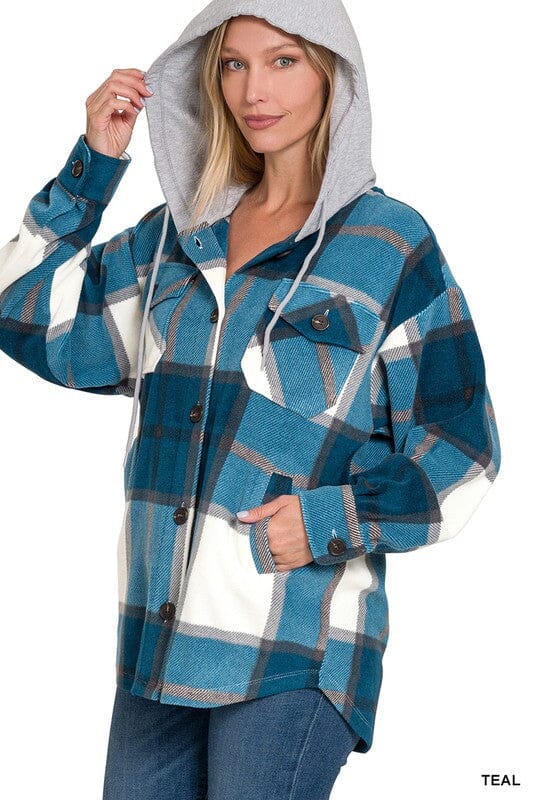 Plaid Drawstring Hooded Fleece Shacket ZENANA 