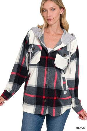 Plaid Drawstring Hooded Fleece Shacket ZENANA 