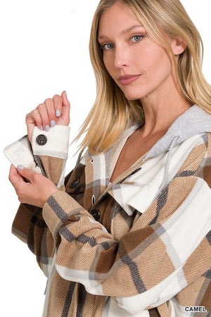 Plaid Drawstring Hooded Fleece Shacket ZENANA 