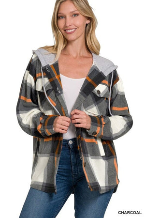 Plaid Drawstring Hooded Fleece Shacket ZENANA 