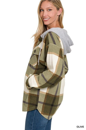 Plaid Drawstring Hooded Fleece Shacket ZENANA 