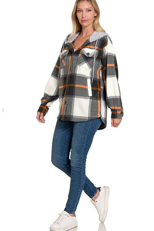 Plaid Drawstring Hooded Fleece Shacket ZENANA 