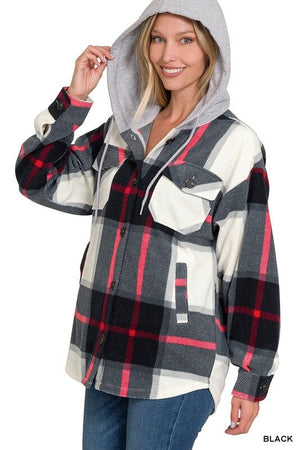 Plaid Drawstring Hooded Fleece Shacket ZENANA BLACK S 