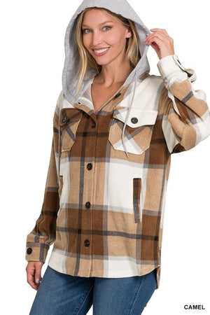 Plaid Drawstring Hooded Fleece Shacket ZENANA CAMEL S 