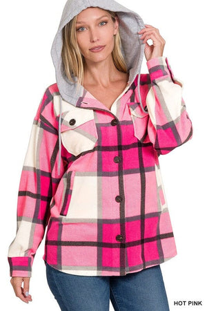 Plaid Drawstring Hooded Fleece Shacket ZENANA HOT PINK S 