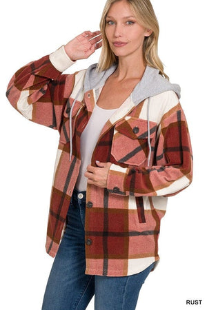 Plaid Drawstring Hooded Fleece Shacket ZENANA RUST S 