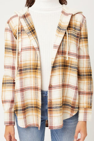 Plaid Flannel Button Up Shacket with Hood Love Tree 