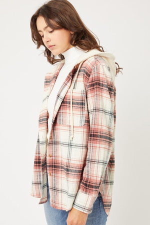 Plaid Flannel Button Up Shacket with Hood Love Tree 