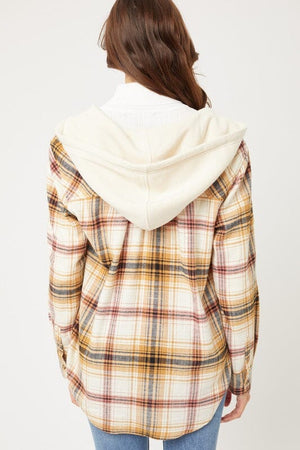 Plaid Flannel Button Up Shacket with Hood Love Tree 