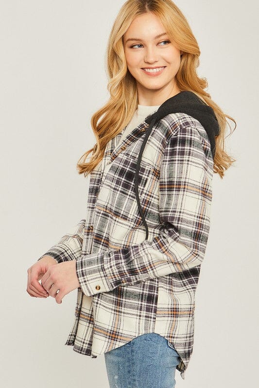 Plaid Flannel Button Up Shacket with Hood Love Tree BLACK S 