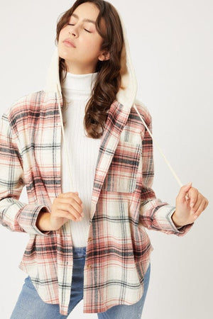 Plaid Flannel Button Up Shacket with Hood Love Tree 