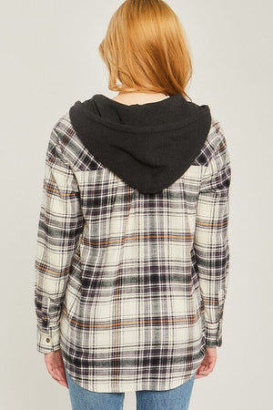 Plaid Flannel Button Up Shacket with Hood Love Tree 