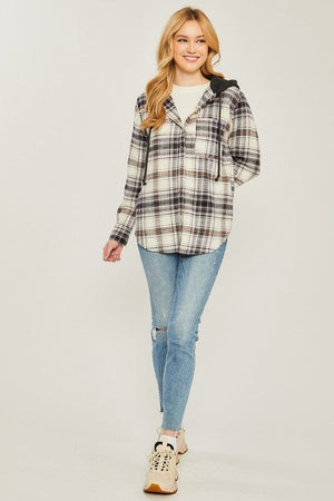 Plaid Flannel Button Up Shacket with Hood Love Tree 