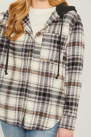 Plaid Flannel Button Up Shacket with Hood Love Tree 