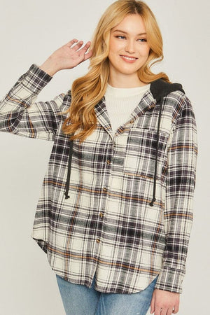 Plaid Flannel Button Up Shacket with Hood Love Tree BLACK S 