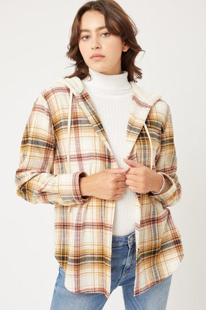 Plaid Flannel Button Up Shacket with Hood Love Tree SAFFRON S 